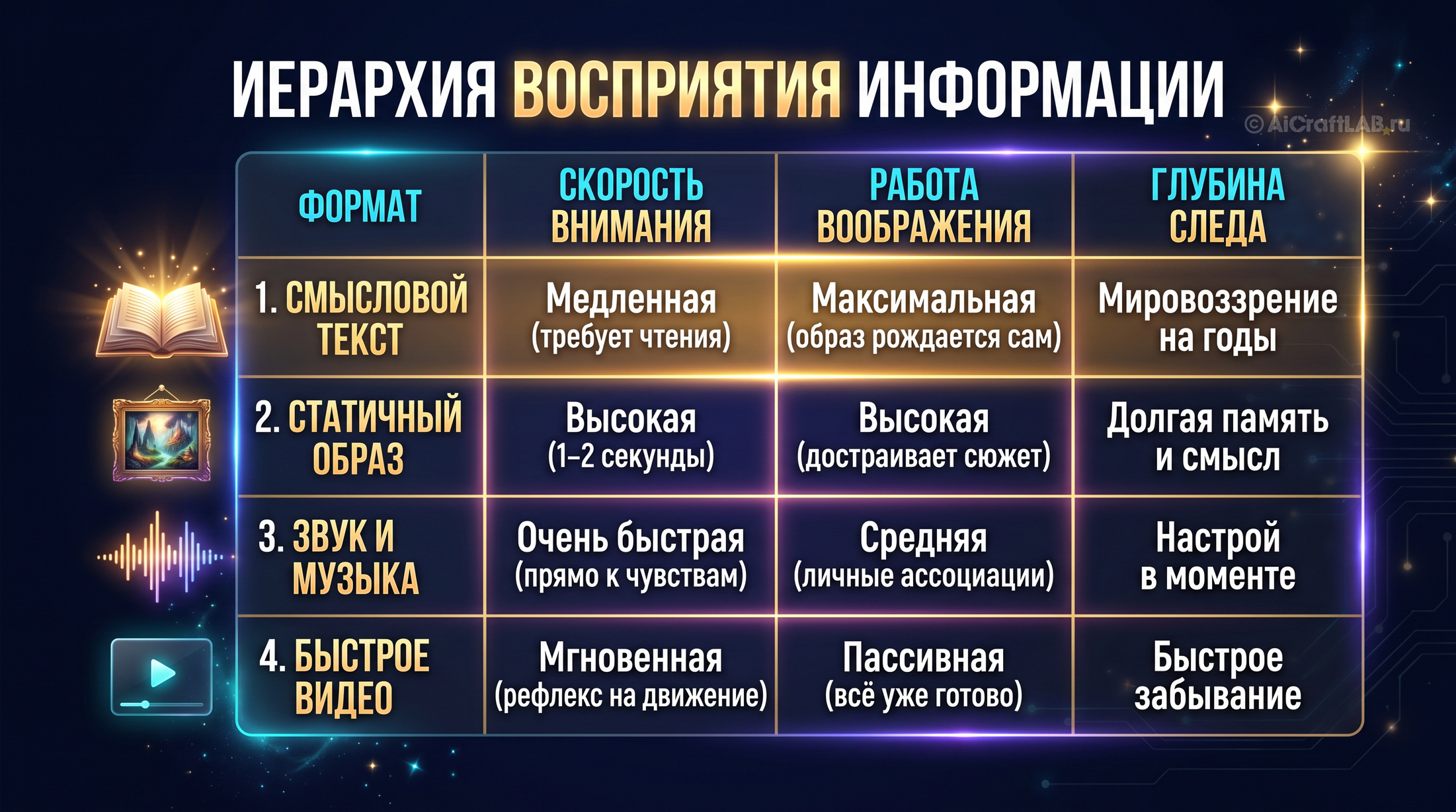Иерархия восприятия информации: сравнение текста, образа, звука и видео